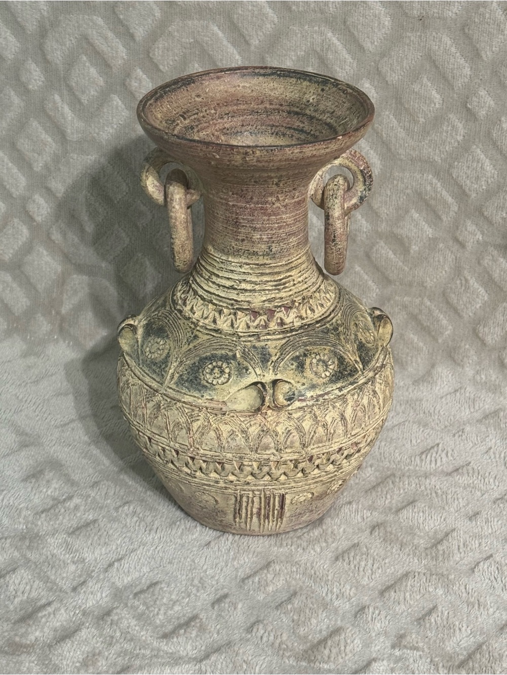 Vintage Rustic Studio Pottery Vase 10" Ring Handles Primitive Archaic Amphora